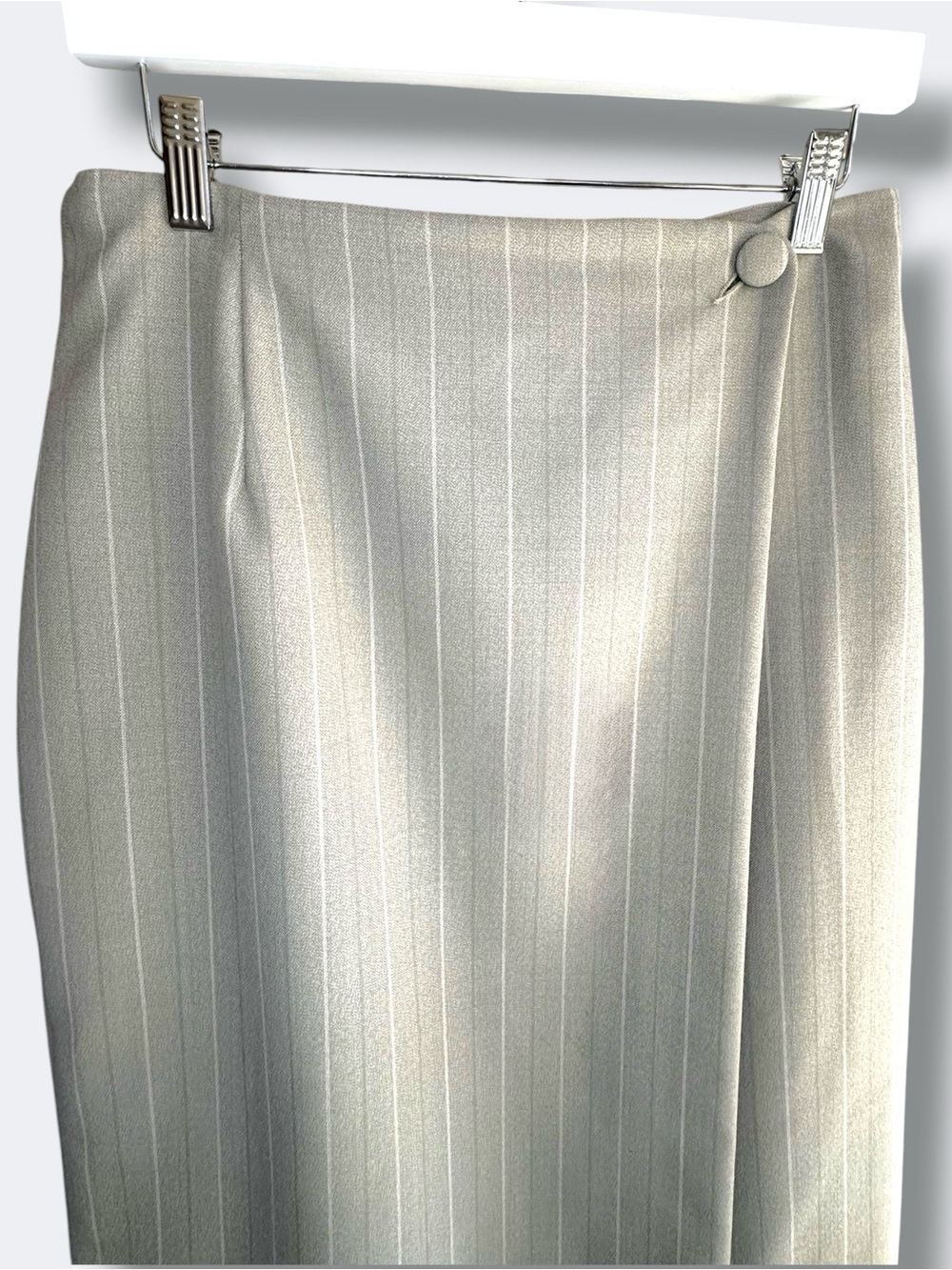 Vintage 1994 Marks & Spencer Sage Grey Wool Pinstripe Midi Skirt - Size 10 / M - Picture 7 of 16